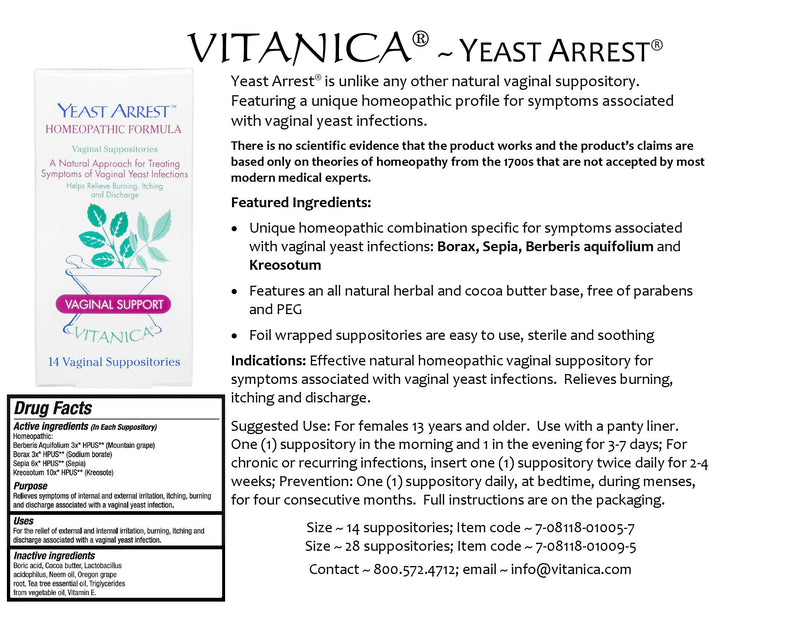 Yeast Arrest® ~ Homeopathic Vaginal Suppositories